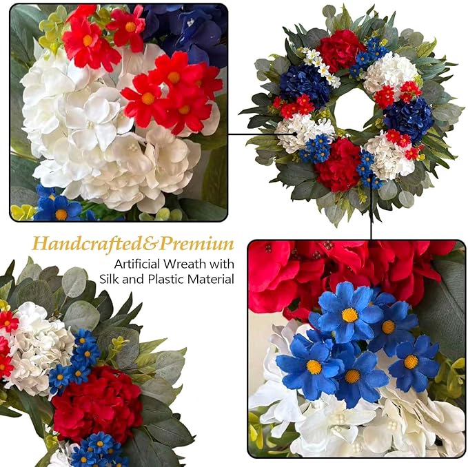 250th Year Patriotic Wreath Decorations, 24 Inch Hydrangea 4th of July Wreaths for Front Door, Red White Blue Spring Door Wreath for Independence Day, Memorial Day for Indoor Outdoor Decor