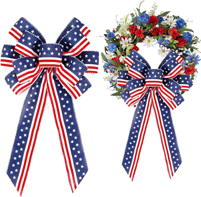 4th of July Patriotic Wreath Bow, Large Red White Blue Stars & Stripes Ribbon for Front Door, Memorial Day, Veterans Day & 250th Anniversary Outdoor Decorations