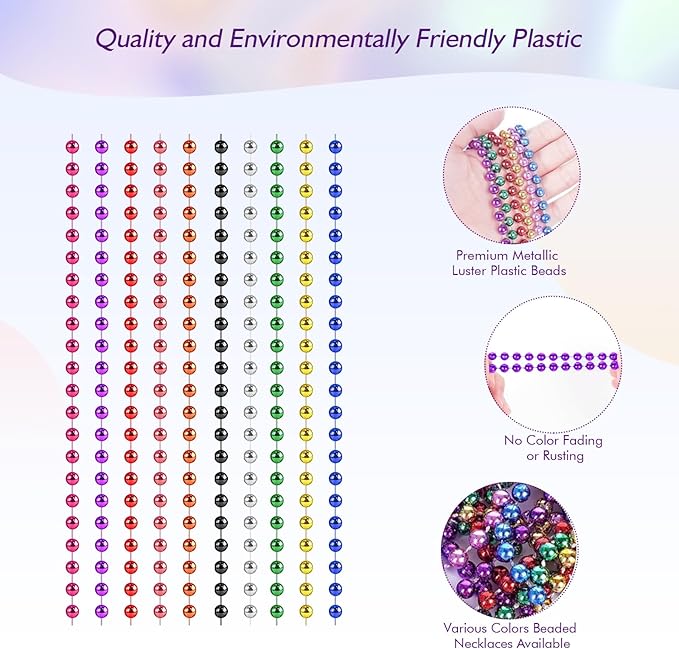 100 Pcs Mardi Gras Beads Necklaces Bulk, 33" 7mm Colorful Metallic Beaded Necklaces, Party Favors Parade Throws Bulk Women Men Party Costume Accessories for Pirate Carnival (10 Colors)