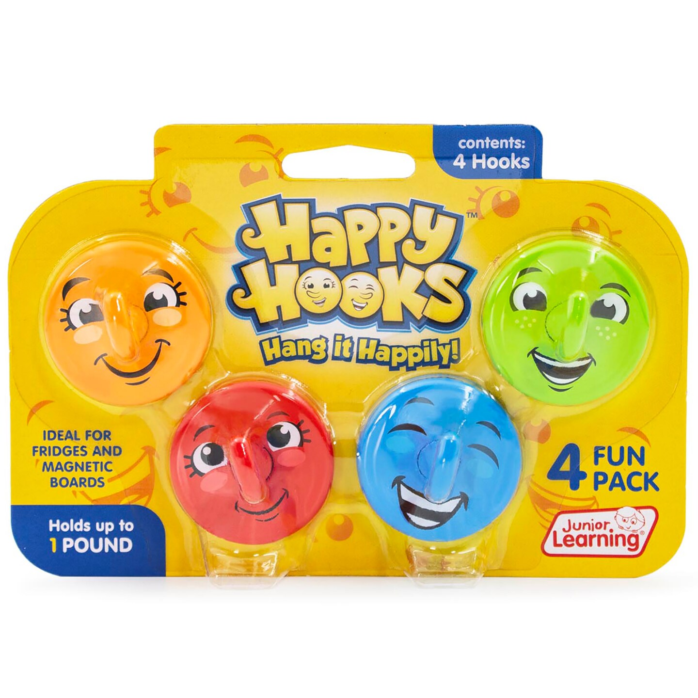 Junior Learning: Happy Hooks - 4pc Fun Pack, Ultra-Strong Magnetic Hold, Colorful Smiley Faces w/ Nose Hooks, Fridge-Office-Home-School, Kids Supplies