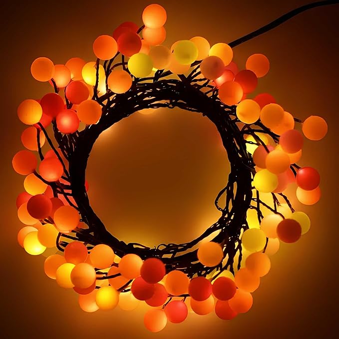LED Cluster Lights Christmas Decorations, Orange, Yellow, Red Christmas Lights. Plug in Cluster Fairy String Light and Fall Decor. 120 Berry's on Thin Black Wire, Ideal Tree and Garland Light