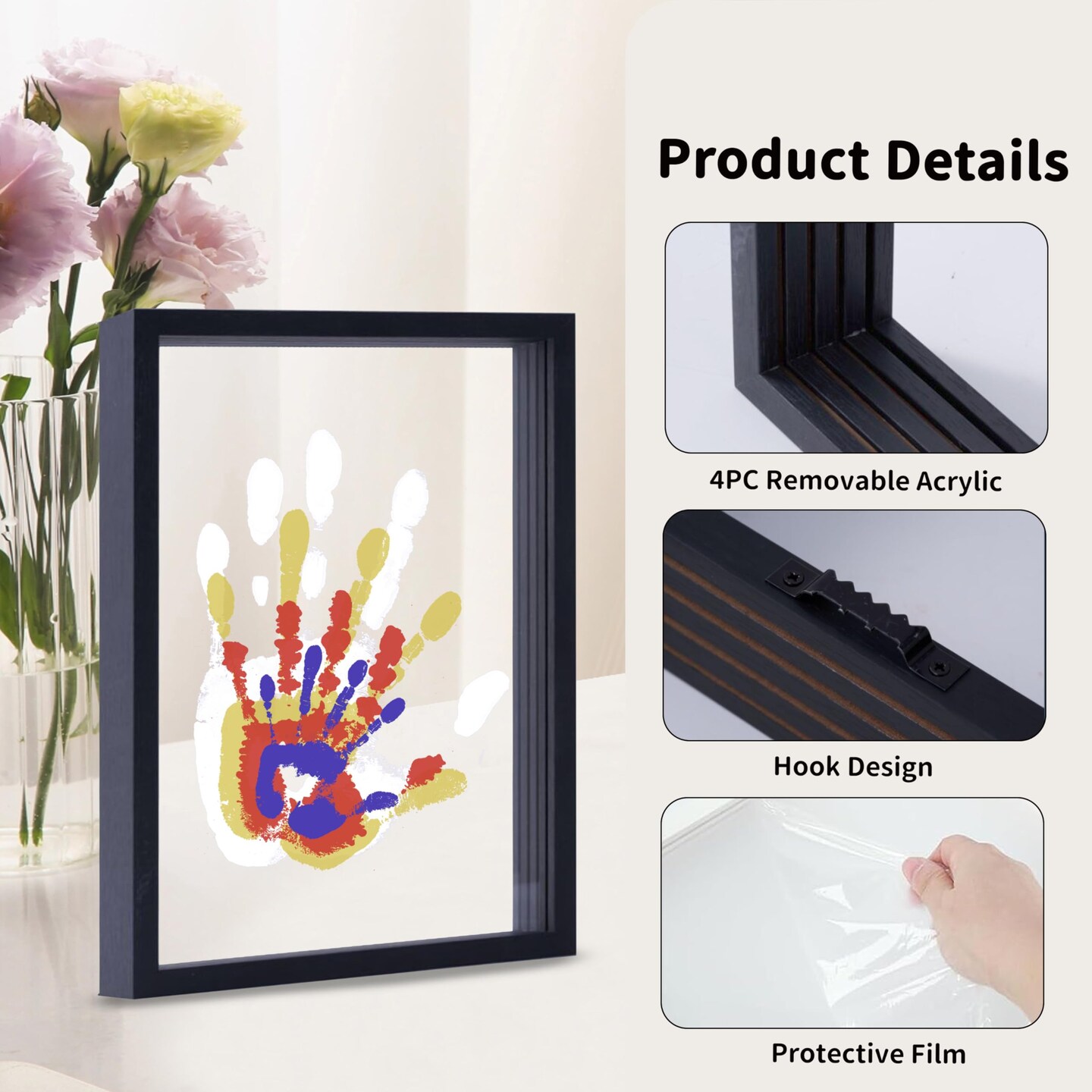 Family Handprint Kit, DIY Craft Keepsake Wooden Frame, Endless Gift Set, Non-Toxic Paints, Transparent Sheets (Black)