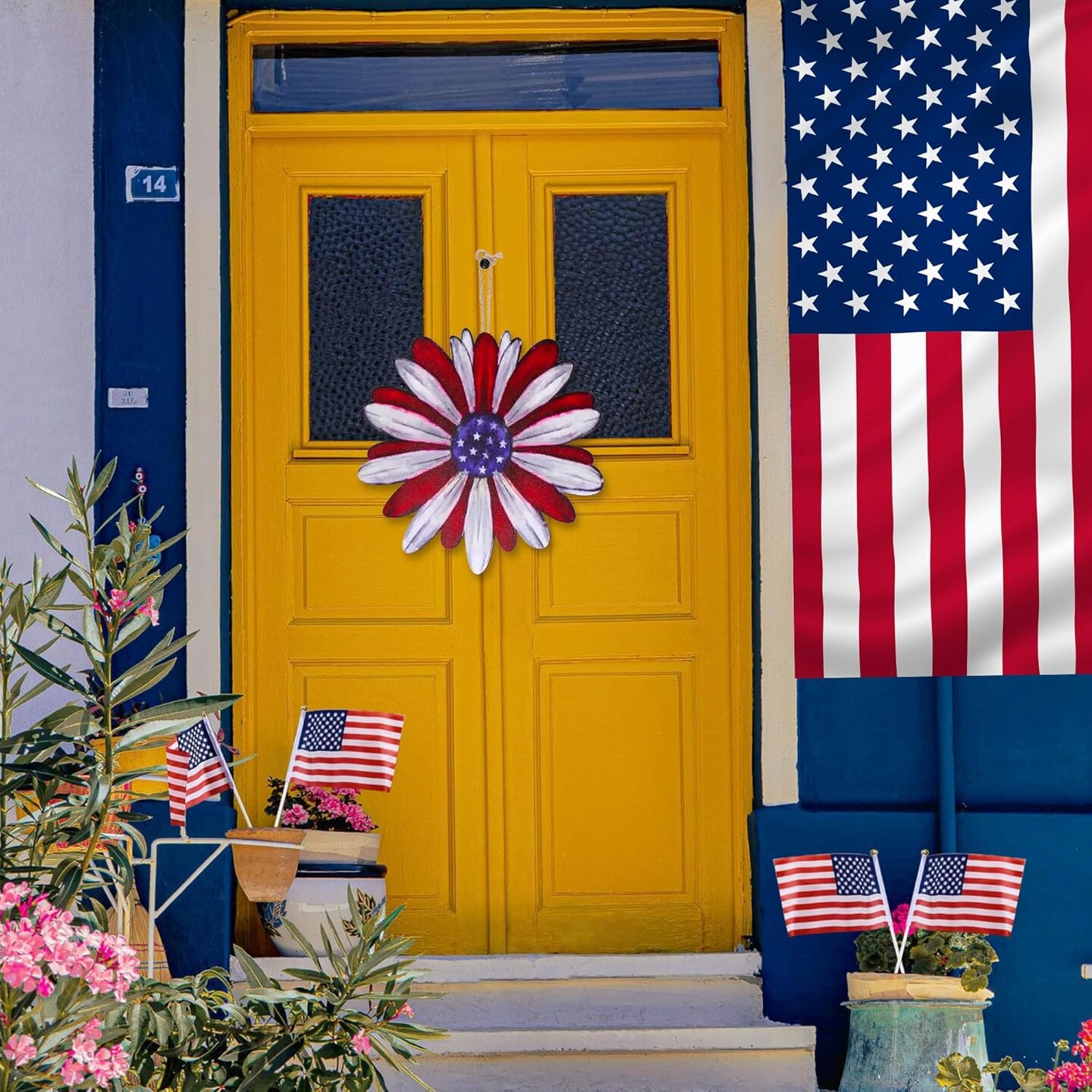 Patriotic 4th of July Front Door Sign – Double-Sided Wooden Independence Day Wreath, Hanging Plaque for Porch, Wall, or Window, Memorial Day & July 4th Decoration