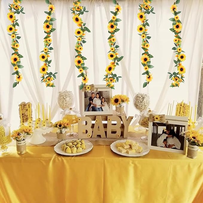 6-Pack Artificial Sunflower Garland Set (43.2ft Total) - 7.2ft Silk Yellow Flower Vines with Green Leaves - Realistic Hanging Floral Decor for Fall Weddings, Birthdays, Garden Parties & Home Tables