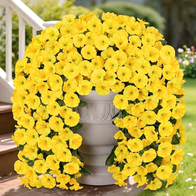 Artificial Fake Hanging Flowers Plants for Outdoor Outside Spring Decoration, 2PCS Faux Silk UV Resistant Look Real Yellow Morning Glory Trailing Vines for Home Planter Porch Patio Balcony