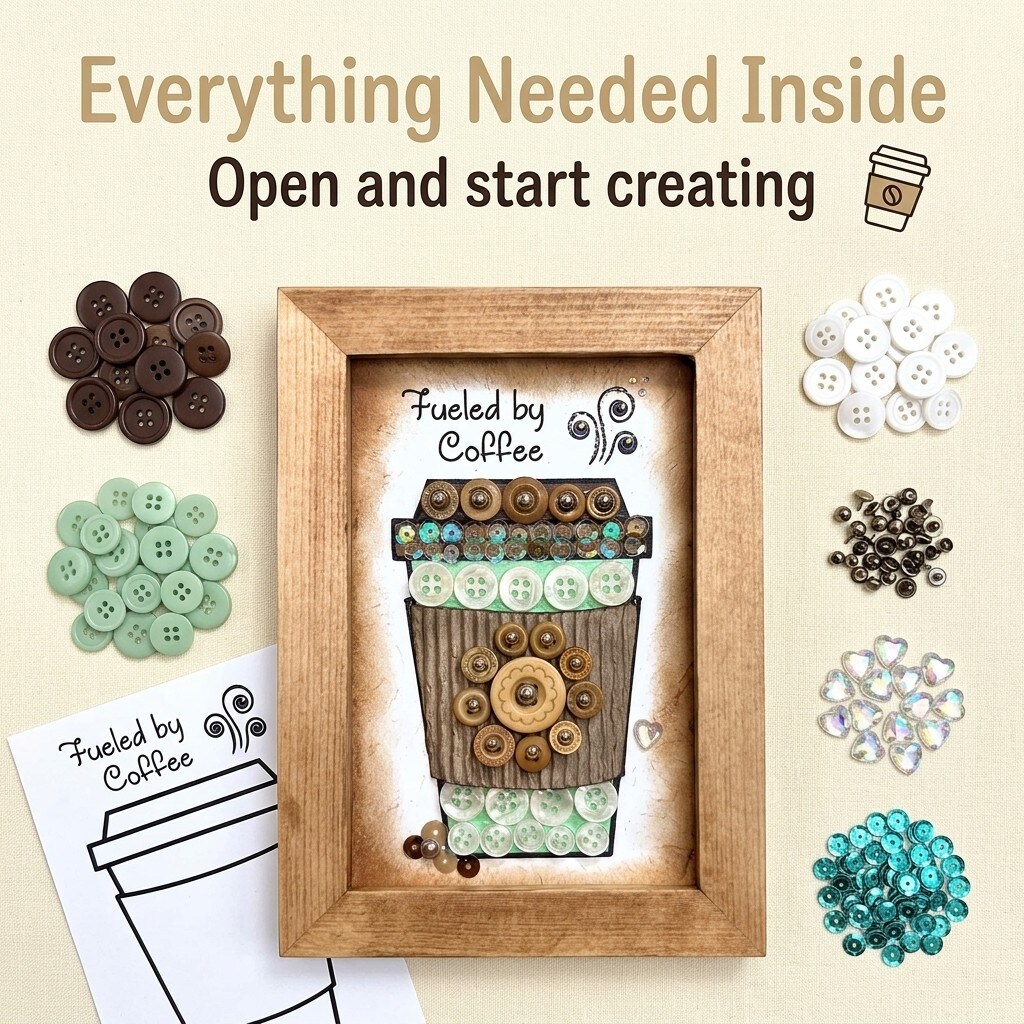 DIY Button Art Kit – “Fueled by Coffee” Framed Craft – Easy Craft for Adults & Kids