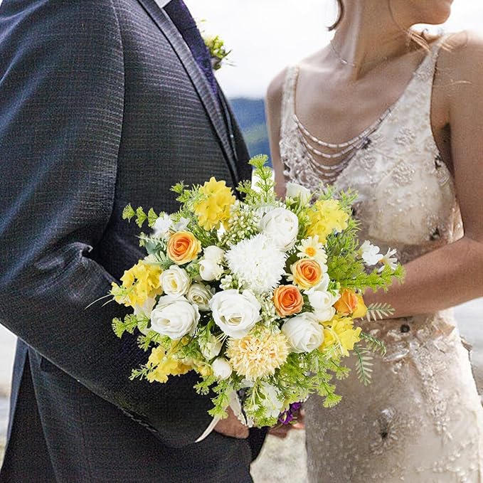 8Pcs Yellow Roses White Flowers Artificial Silk Hydrangea Bouquets Faux Floral Arrangements Picks Fake Spring Flowers for Cemetery Grave Vase Wedding Home Decor Indoor Outdoor