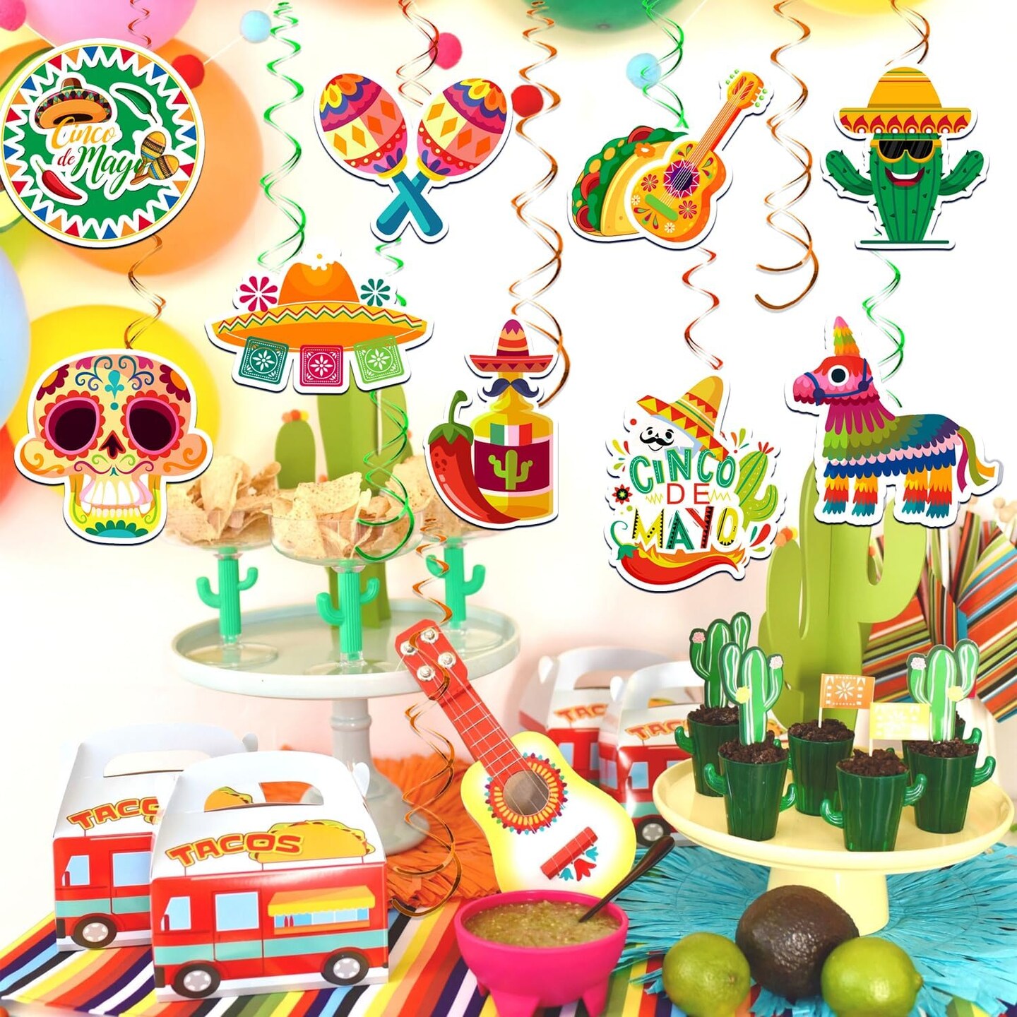 36PCS Cinco De Mayo Hanging Swirl Decorations – Mexican Fiesta Party Swirls with Double-Sided Cutouts in Vibrant Colors for Party Ceiling & Room Decor