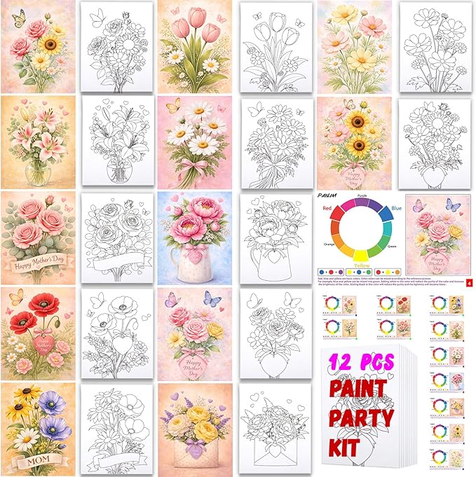 12Pcs 8x10 Pre Drawn Canvas for Painting for Adults Sip and Paint kit with Design Paint Party Favors Painting Supplies for Beginner Mother's Day Romance Canvases Art Board Set