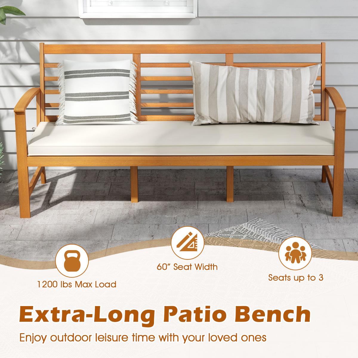 Outdoor Wood Bench 64 Inch with Backrest Cushion, Patio Porch Seating Natural Finish