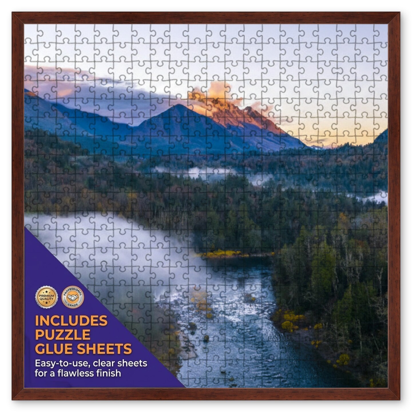 CustomPictureFrames.com Solid Wood Round Mat Puzzle Frame - Multiple Sizes - Black Precision-Cut Mat - Adhesive Preservation Sheets - Assembled in USA Made in the USA