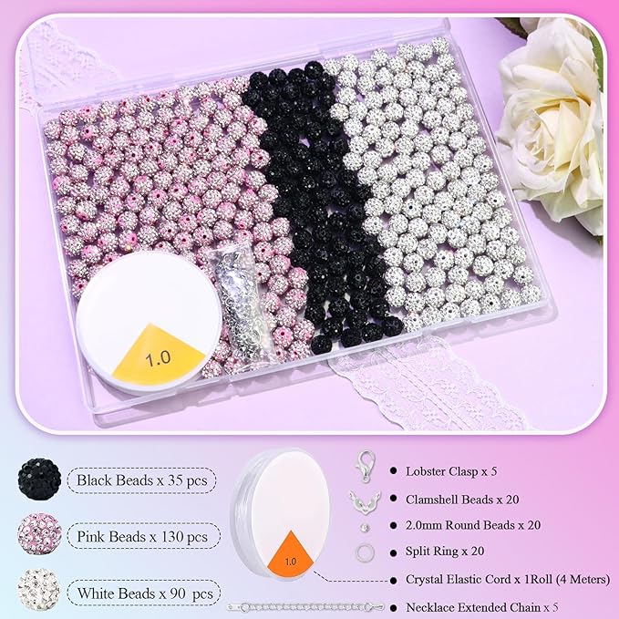 255PCS 10mm Rhinestone Beads for Baseball Rhinestone Necklace Bracelet Jewelry Making, Round Polymer Clay Beads for Crafts Beaded Pen, Shamballa Pave Disco Diamond Bead, Pink|White|Black