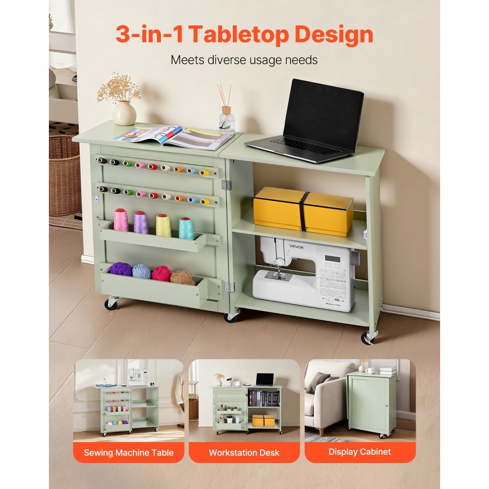 Foldable Sewing Table 46 Inch Work Surface Multifunction Light Green