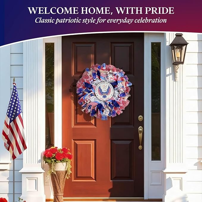 24" Patriotic 250th Anniversary Wreath with Removable 1776-2026 Sign - Large Handcrafted 4th of July Wreath with LED Lights and Storage Bag - Premium Americana Front Door Decor