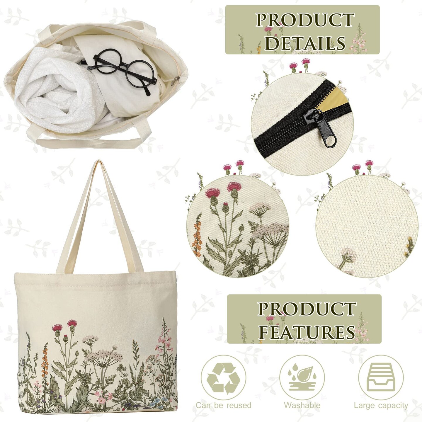2 Pcs Wildflower Aesthetic Canvas Tote Bags for Women with Makeup Zipper Pouch Mother's Day Cute Floral Reusable Shoulder Tote Bag for Graduation Teacher Beach Shopping Travel Work Gym Grocery