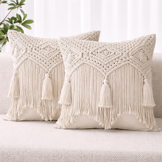 Boho Throw Pillow Covers 18X18, Macrame Decorative Pillow Covers, Modern Farmhouse Bohemian Pillowcases for Bed, Couch or Sofa, Set of 2 Farmhouse Pillow Covers with Tassels, Natural White