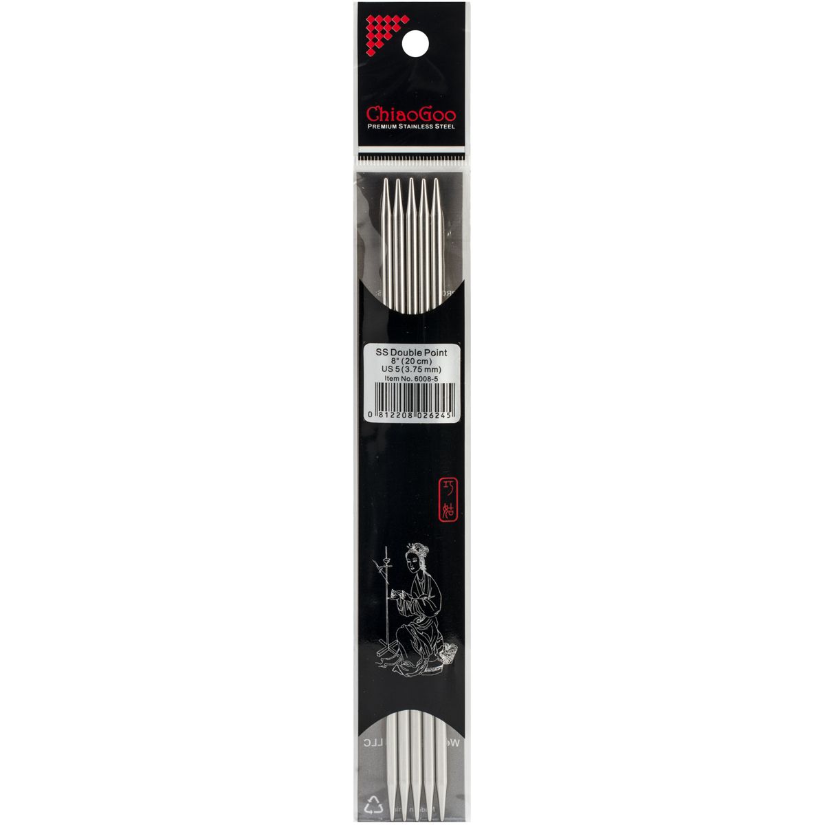 ChiaoGoo 8" Double Point Stainless Knitting Needles - Sizes US 1 - 11