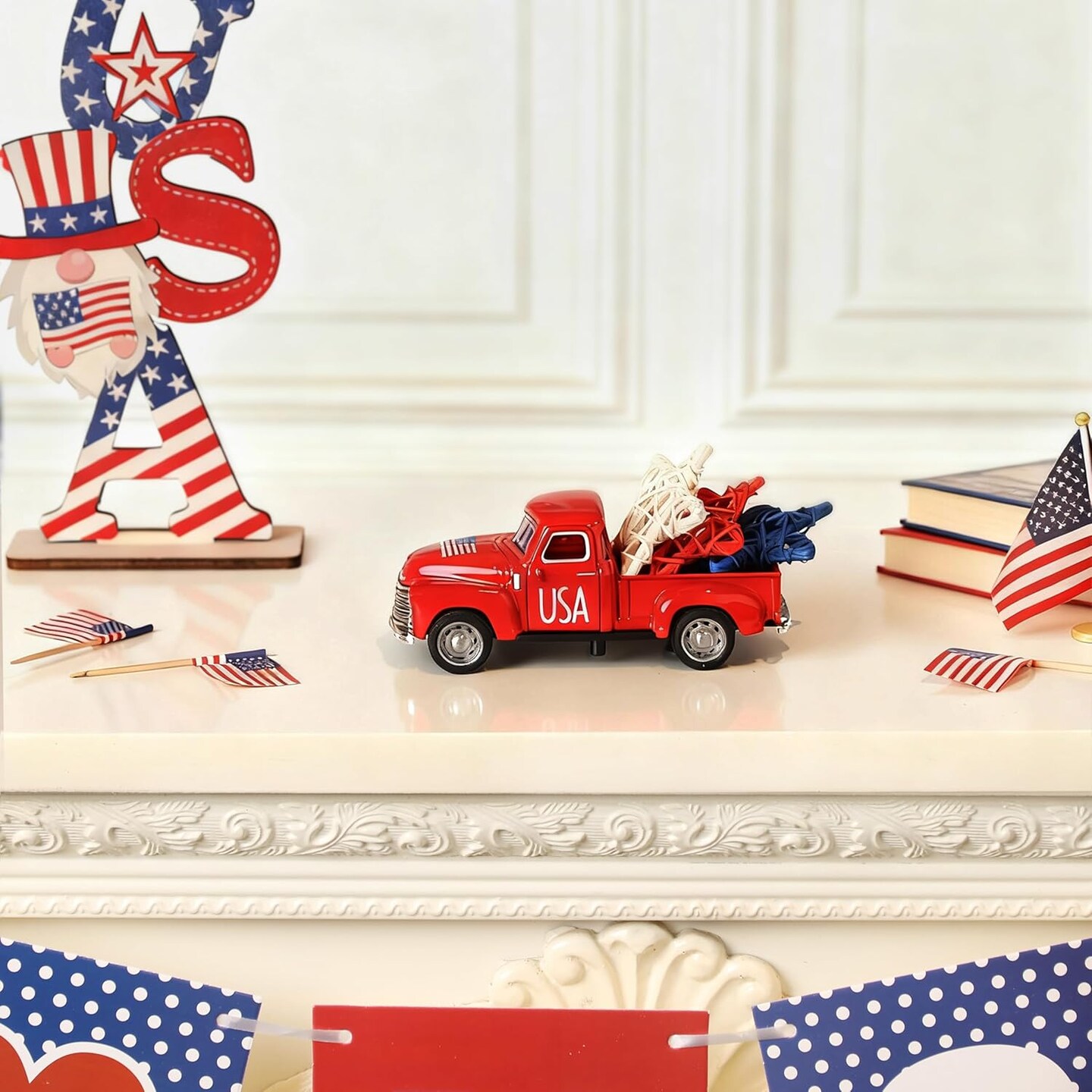 4th of July Farmhouse Metal Truck Décor – Patriotic Red, White & Blue Car Decorations for Tables, Tiered Trays, Centerpieces, Independence Day & Memorial Day