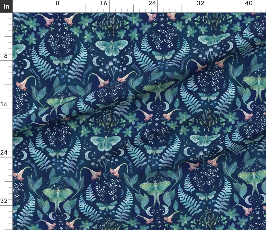 Watercolor Damask Luna Moth Ferns Nature Night Moon Celestial Stars Botanical Garden Whimsical Witchy Custom Printed Fabric by Spoonflower Various Fabrics by the Yard or Fat Quarter 14983271