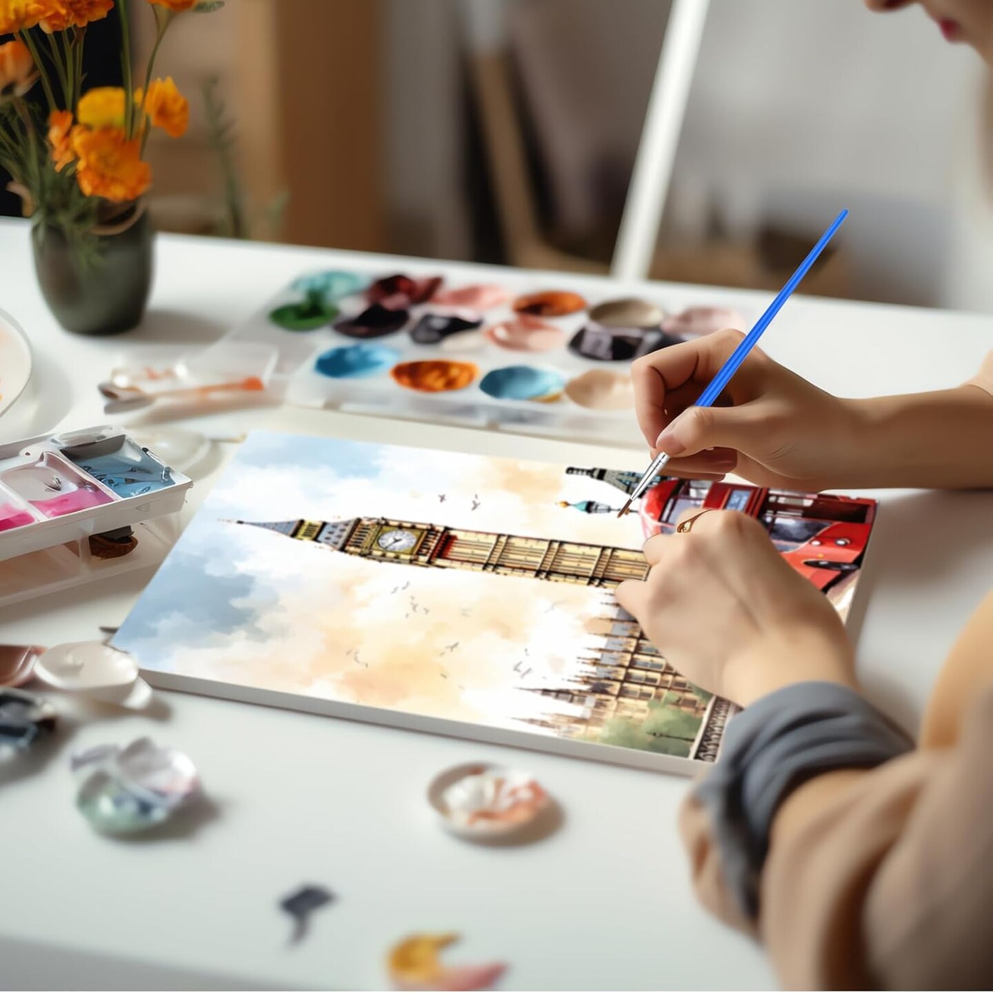 Paint By Number 12-Pack Cityscape Kit for Adults Beginners – DIY Acrylic Oil Painting Set with Wooden Frame Easel for Home Wall Decor, 8x10 Inch