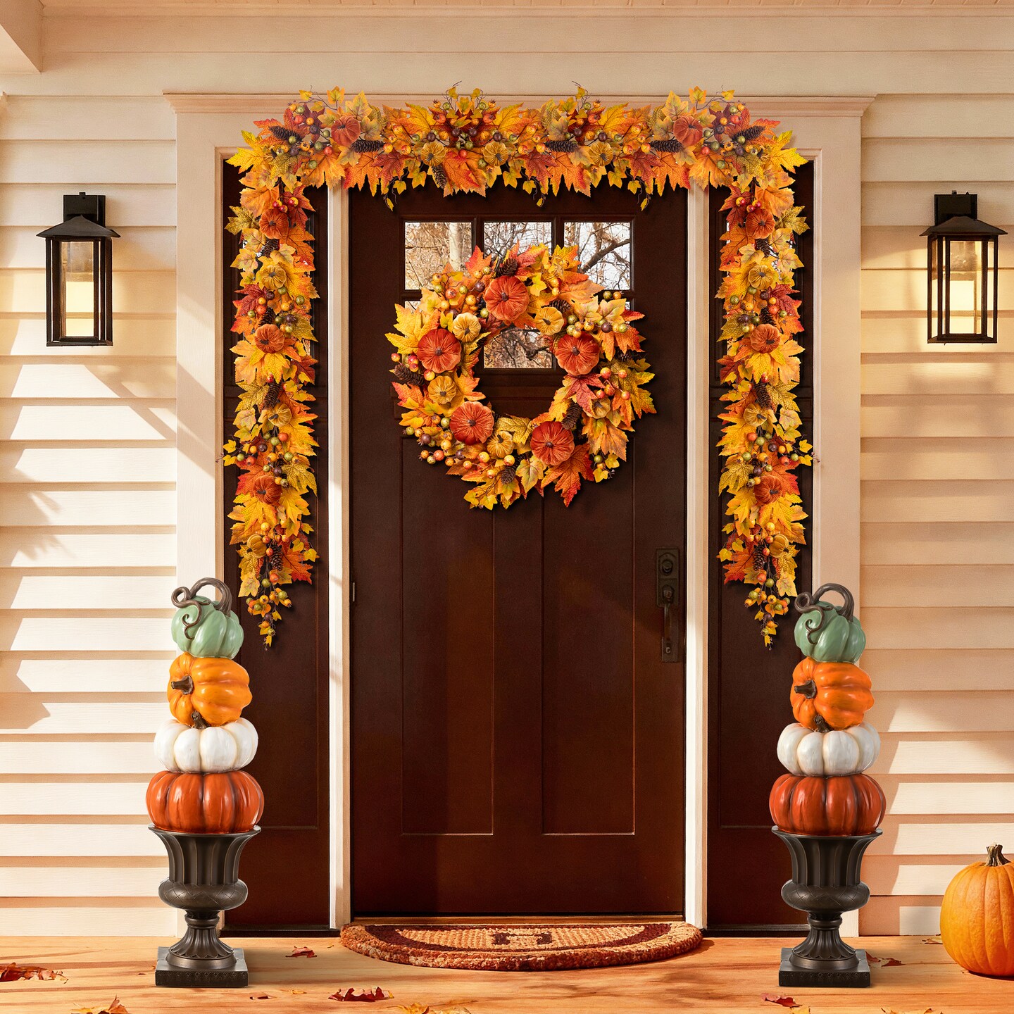 Set of 2 30.7"H Fall MGO Stacked Pumpkin with Brown Urn Porch Decor