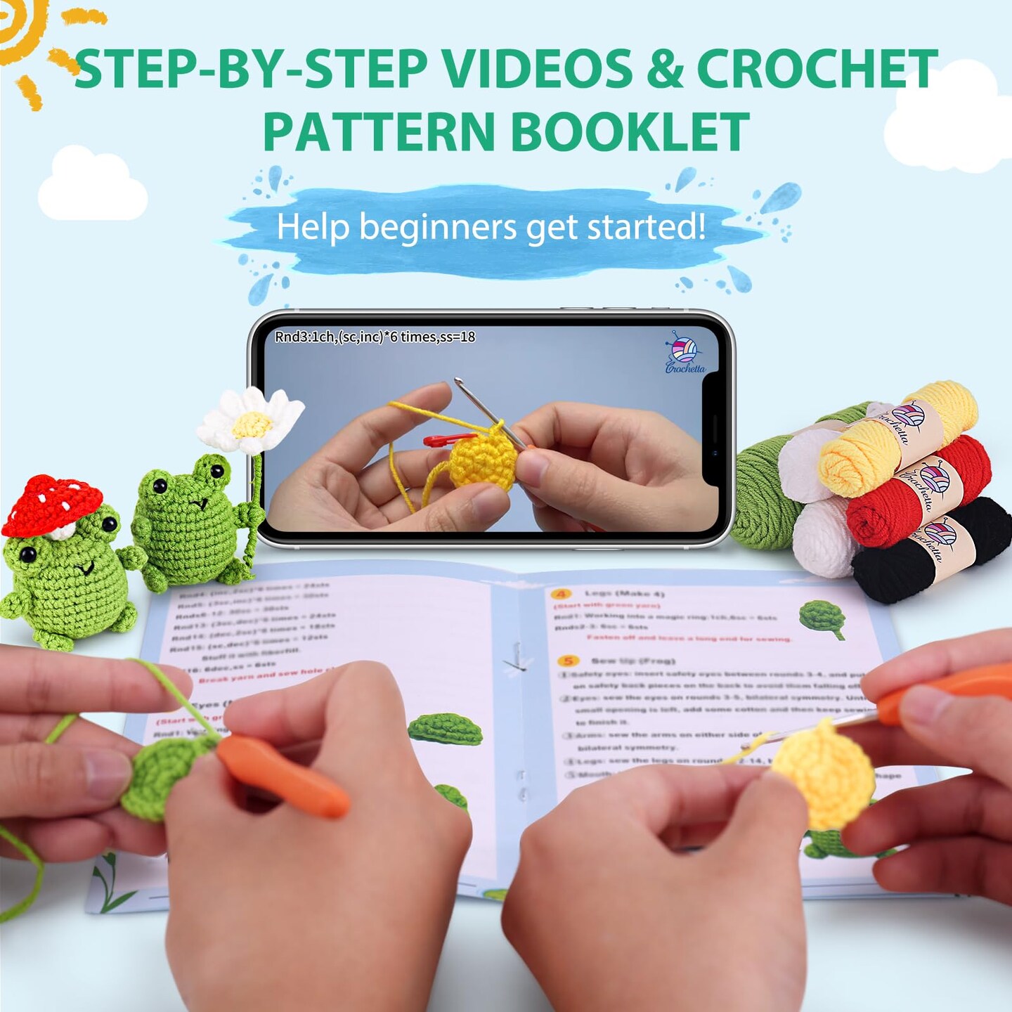 Crochet Kit for Beginners, Beginner Crochet Animal Kits for Adults with Step-by-Step Video Tutorials, DIY Knitting & Crocheting Craft Hobbies Supplies, 2 Pack Frog Amigurumi(40%+ Yarn)