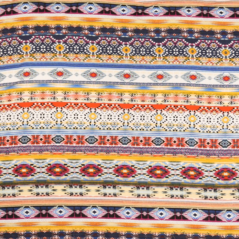 Blue-Yellow-Multi Rayon Ikat Printed Challis Woven Fabric By the Yard