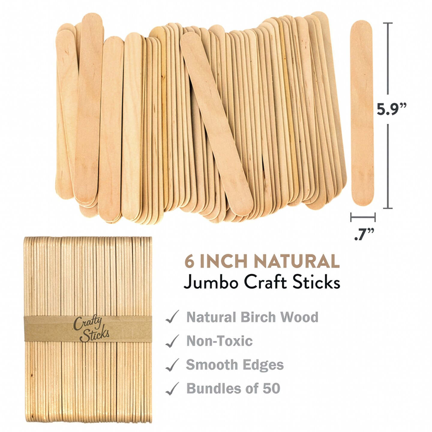 CraftySticks 6 Inch Jumbo Wood Popsicle Sticks for Crafts and STEM Learning