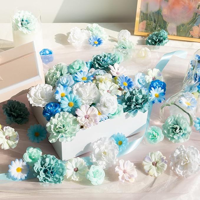 310 Pcs Fake Flower Heads Mini Artificial Flower Bulk Silk Flowers for Decoration Small Faux Flower Heads Fabric Daisy Buds Floral for Crafts DIY Wedding Party Baby Shower Home Decor, Blue