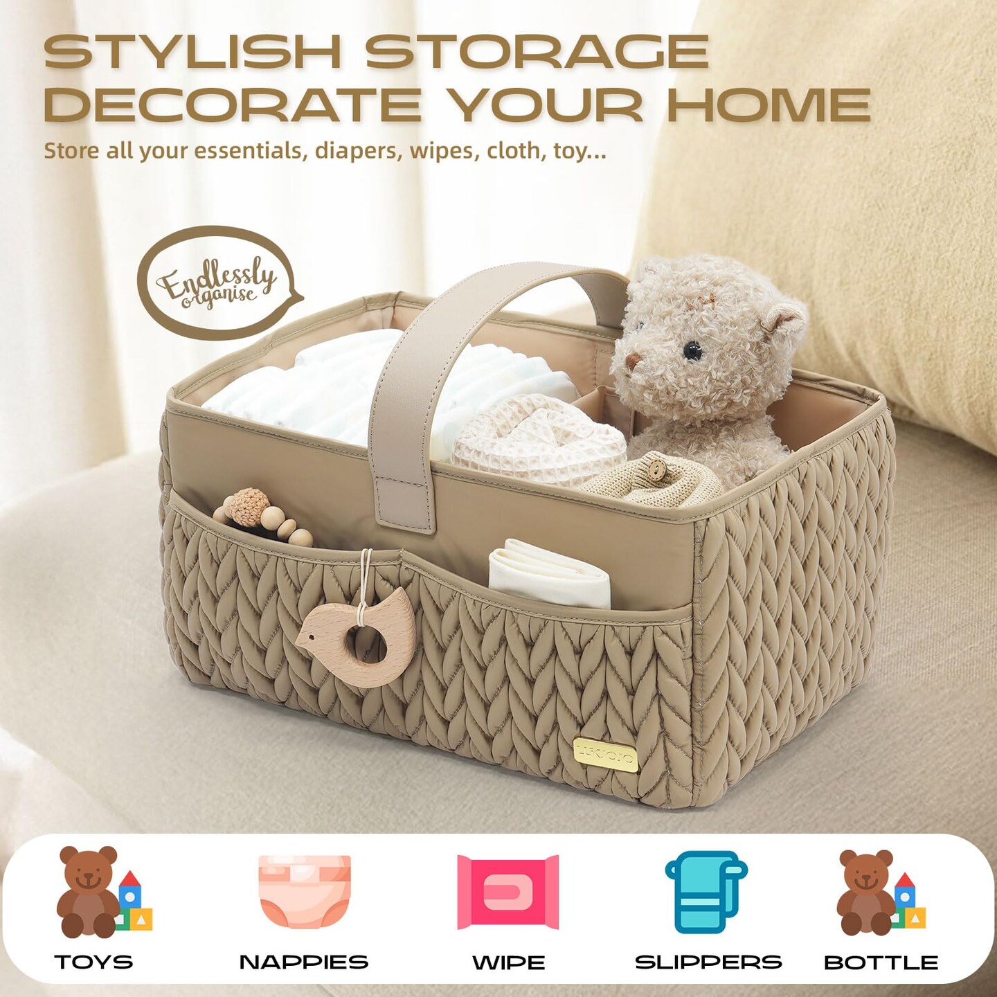 Luxurious Baby Diaper Caddy, Nursery Storage Basket for Newborn Essentials, Travel Baby Basket for Diapers Baby Wipes, Organizer Tote Bag Storage Bin, Baby Shower Gifts(Beige)