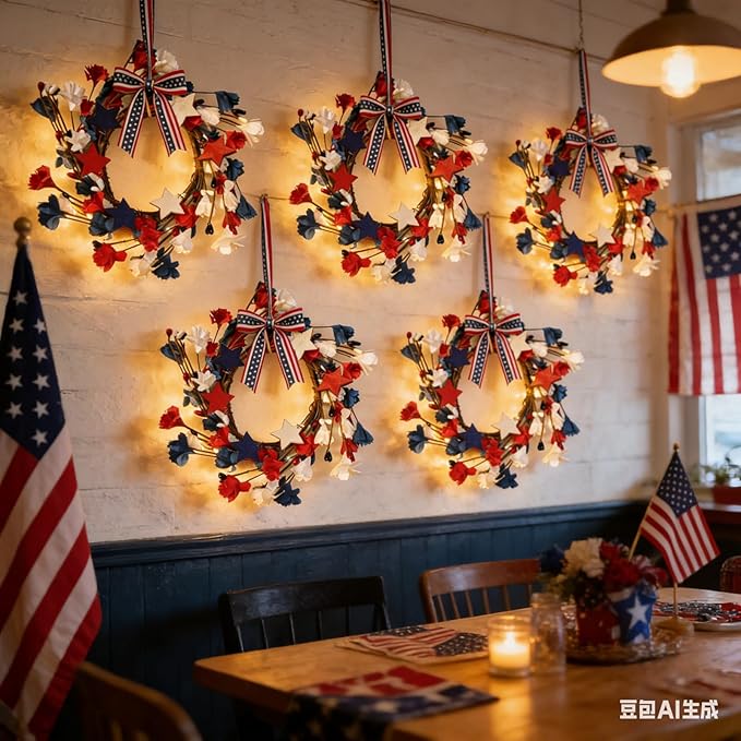 6 Pcs Mini 4th of July Wreaths, Red White Blue Patriotic Candle Ring Wreaths for Cabinets, Pillar Candles, Farmhouse Front Door & Memorial Day Decorations