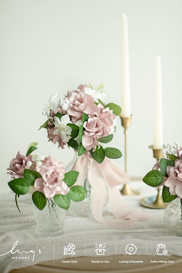 Flowers 25pcs Fake Gardenia Dusty Pink Rose Flowers Artificial Flowers with Stem, Fake Flower for DIY Wedding Decorations Centerpieces Bouquets Boutonnieres