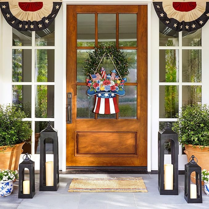 Wooden 4th of July Door Wreath, Patriotic Star Welcome Sign for Front Door, Independence Day & Memorial Day Hanging Decoration for Home Indoor Outdoor Wall Decor