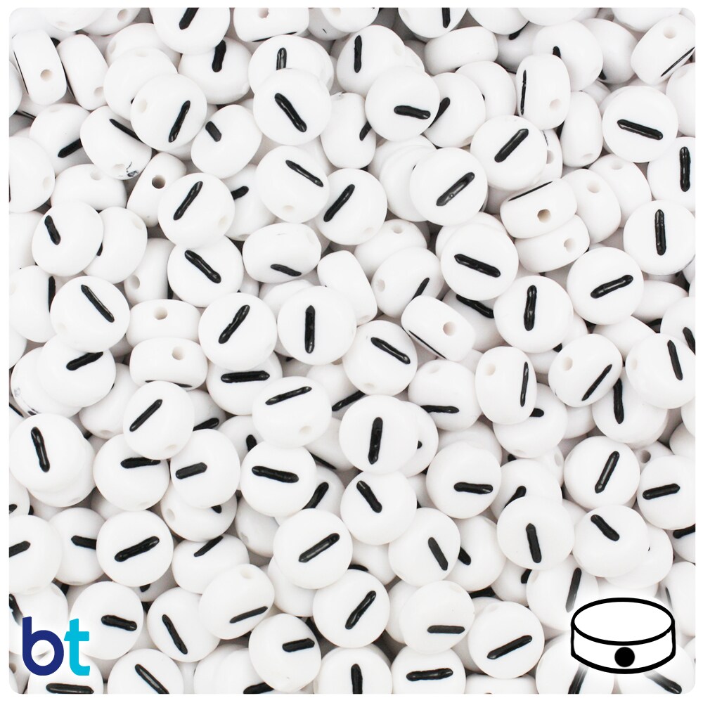 BeadTin White Opaque 7mm Coin Alpha Beads - Black Letter I (Bulk Buy)