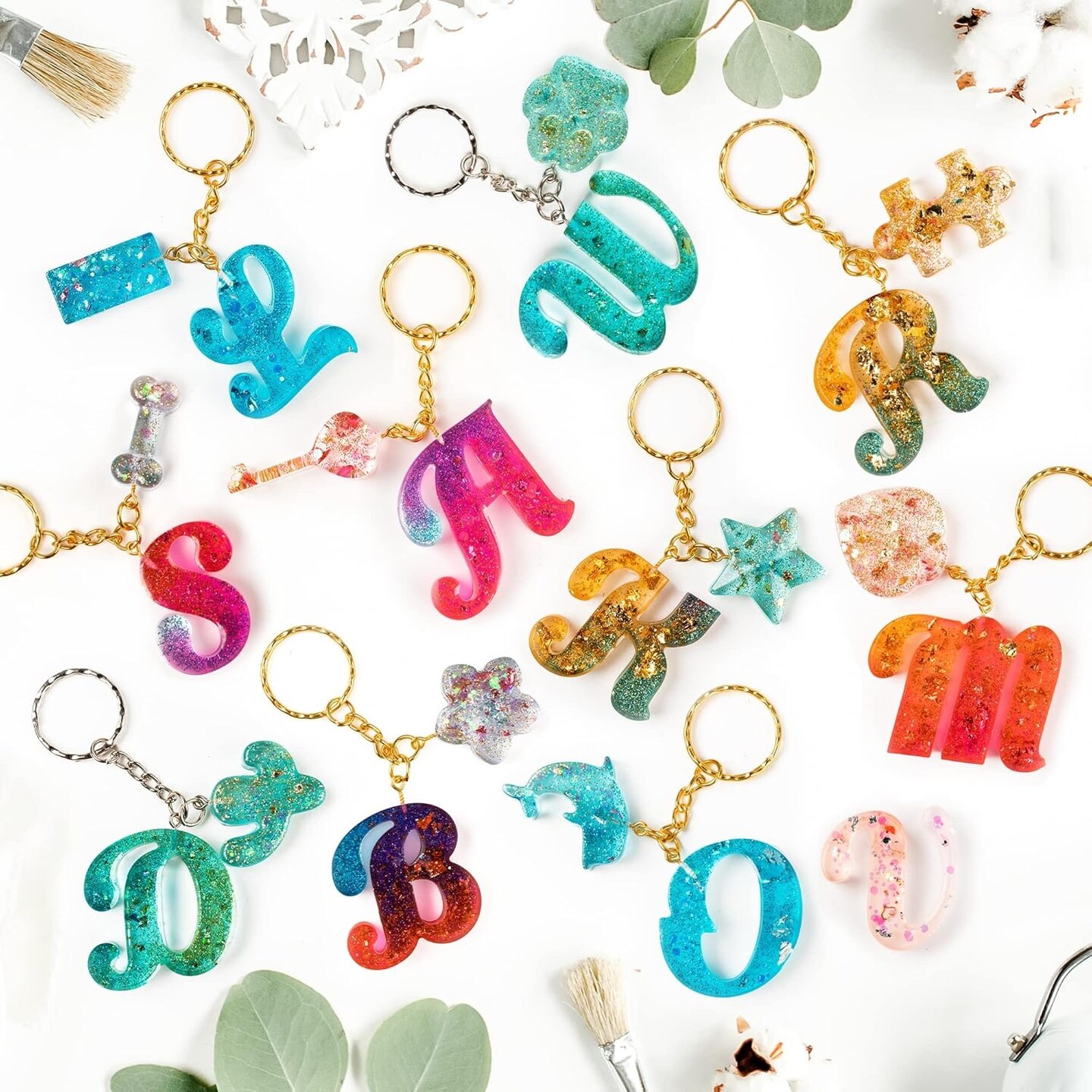 182 Pcs Fancy Alphabet Resin Mold Kit Silicone Letter Keychain Molds with Drill Key Rings and Screw Pins