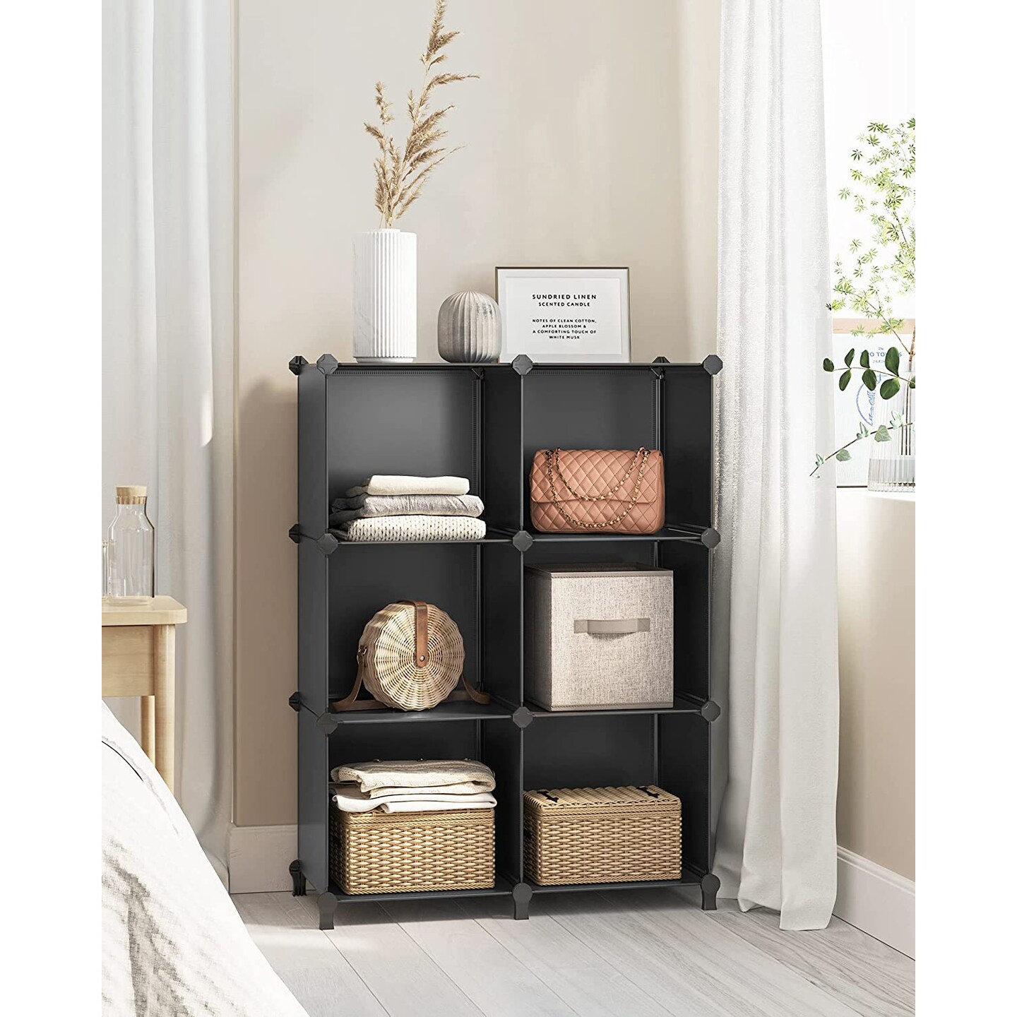 6-Cube Modular Storage Organizer with Metal Frame and Plastic Panels, Customizable Cube Shelving Unit for Closet, Bedroom, Living Room Storage