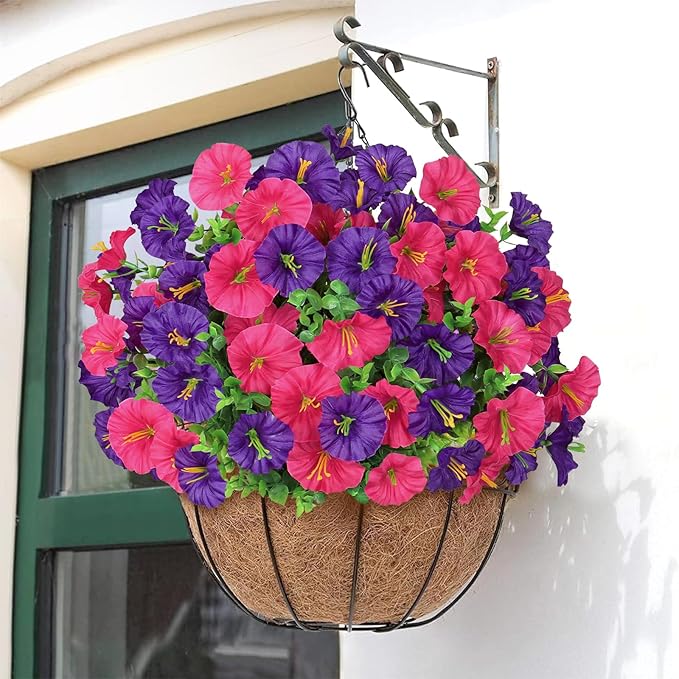 Artificial Purple Petunias Flowers for Outdoors Decoration 9 Bundles Faux Colorful Silk Morning Glory Eucalyptus Plants UV Resistant Fake Greenery Plants for Outside Garden Porch Decor