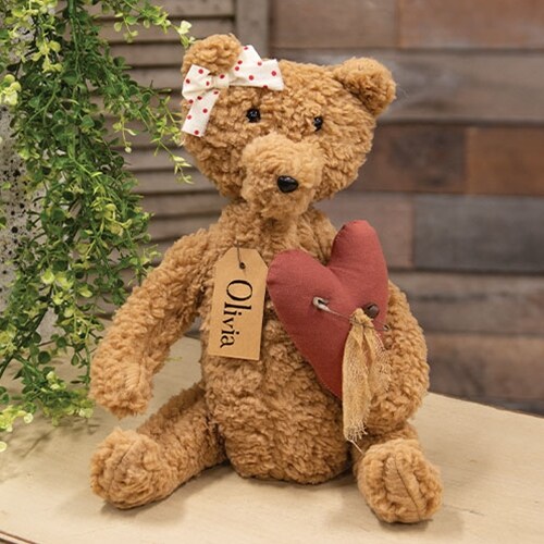 Brown Fuzzy Valentine Bear with Red Heart Plush Decor “Olivia” Name Tag