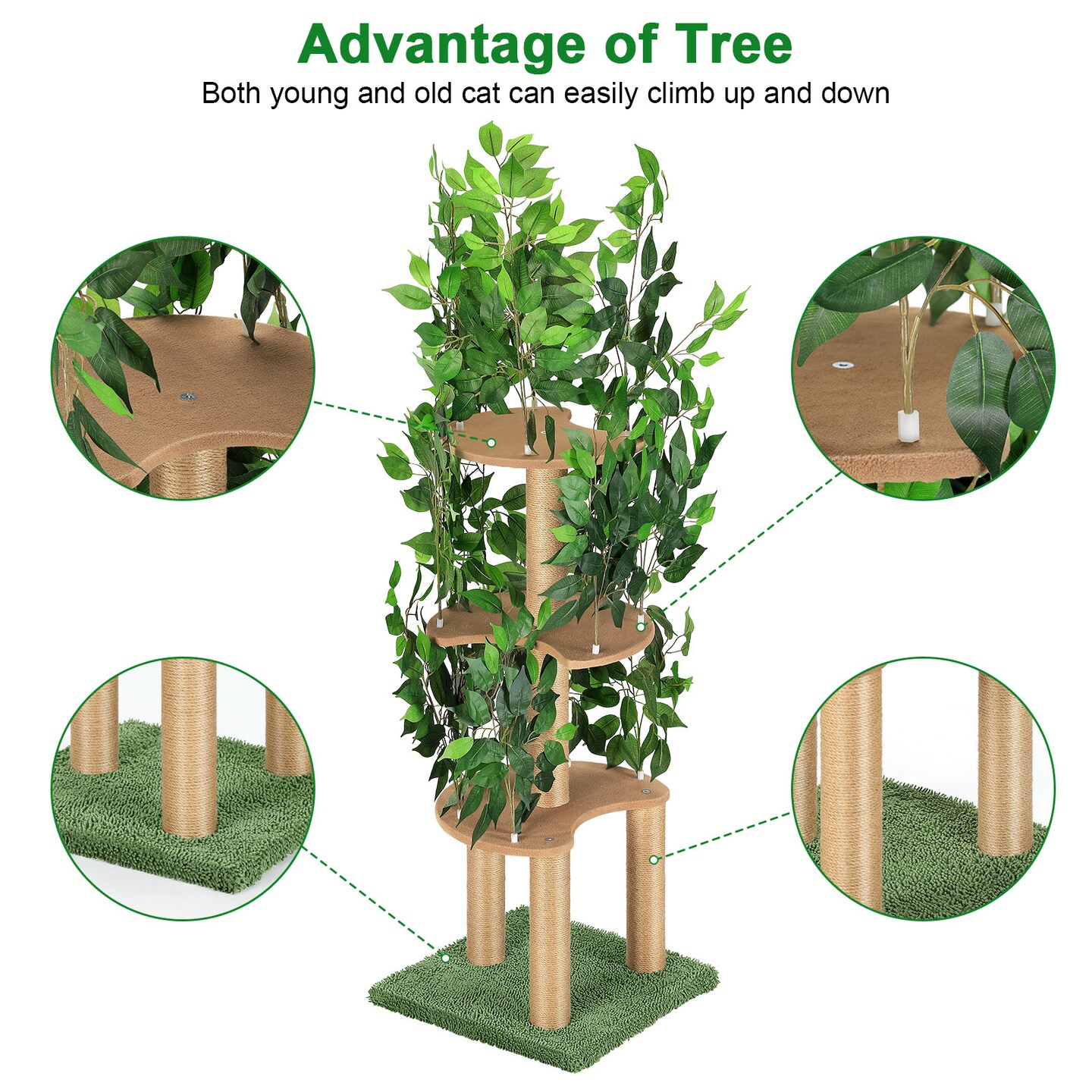 Stable Anti-Tip Indoor Cat Tree Tower, Artificial Foliage Multi-Layer Sisal Cat Scratching Stand with Rest Platforms