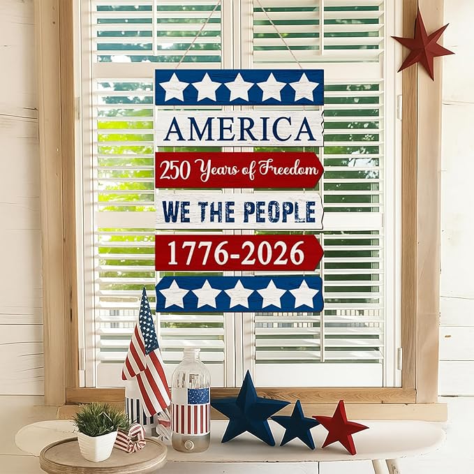 250th Anniversary America Door Sign - 1776-2026 Commemorative 4th of July Wood Hanging Decor - Large Rustic Red, White, and Blue Patriotic Wreath for Front Door, Porch, and Home