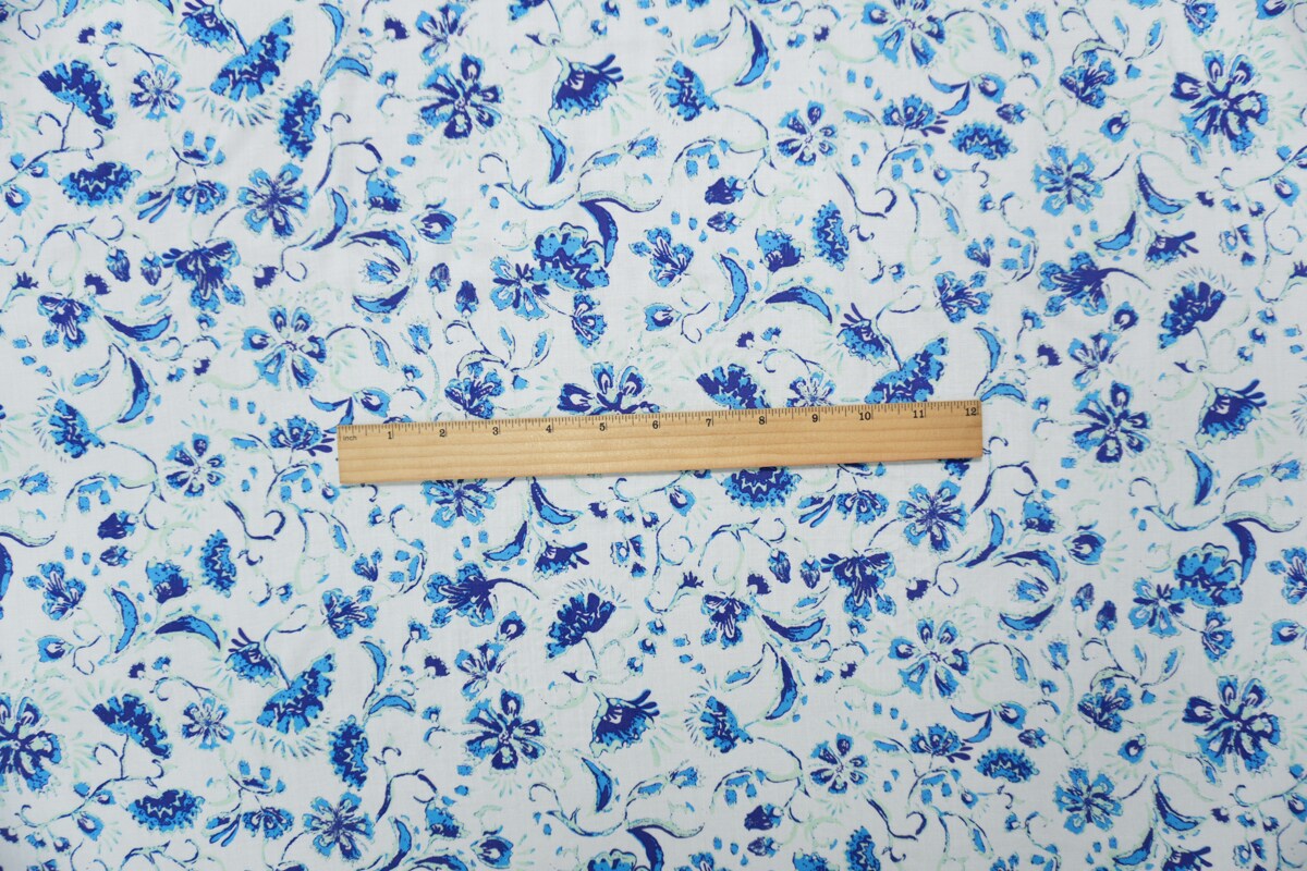 White-Blue-Teal Rayon Floral Printed Voile Woven Fabric By the Yard