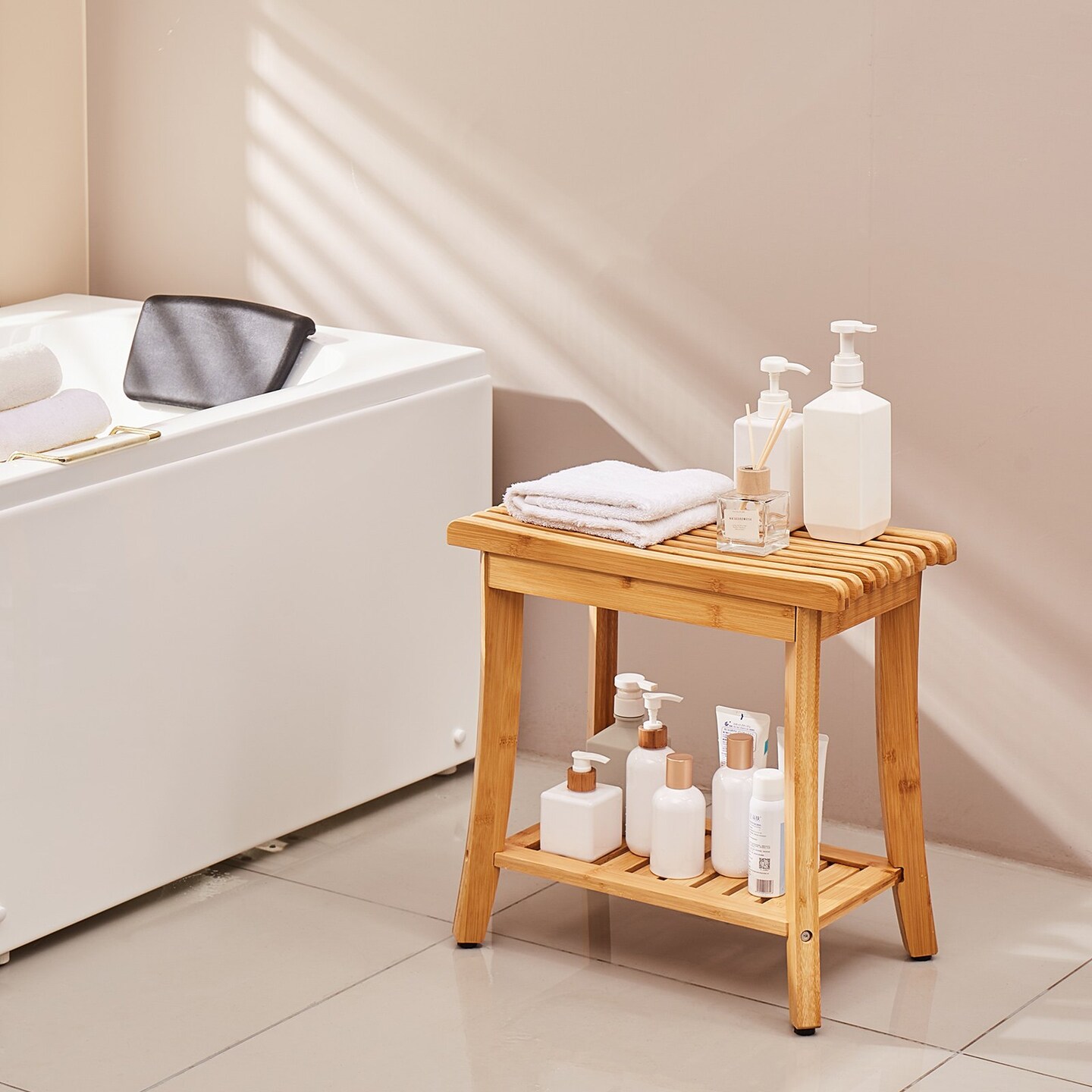 Wicker Shower Bench Stool 330 lbs Capacity with Storage Shelf Natural Wicker