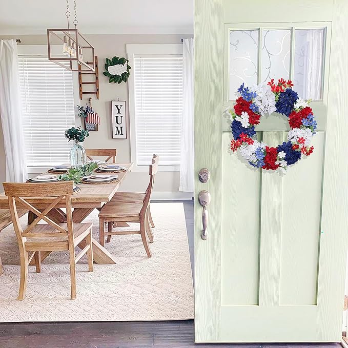 16" Patriotic Silk Hydrangea Wreath - Red, White, and Blue Americana Decor for Front Door - All-Weather Artificial Floral Wreath with Green Leaves for Memorial Day and 4th of July