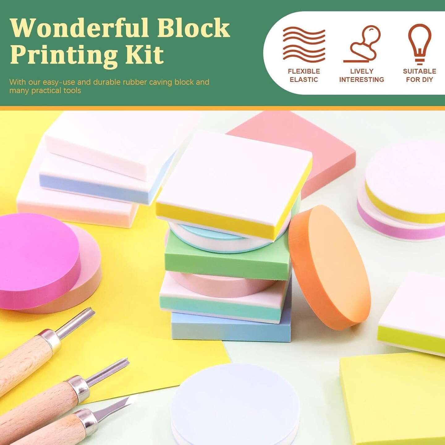 24 Pcs Block Printing Starter Kit Rubber Carving Blocks Set with Linoleum Cutter Tools and Grindstone