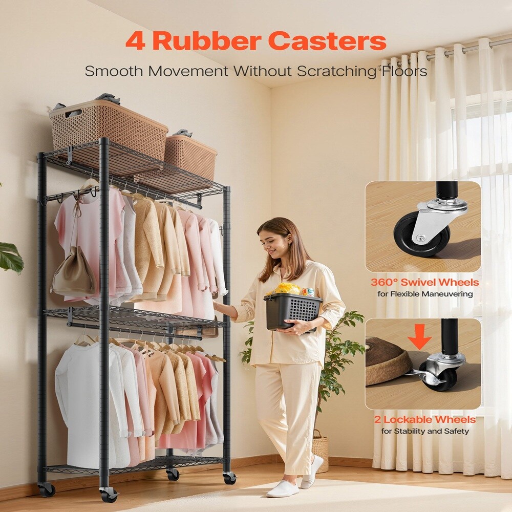 Heavy Duty Rolling Clothes Rack Carbon Steel 3 Shelf Garment Organizer