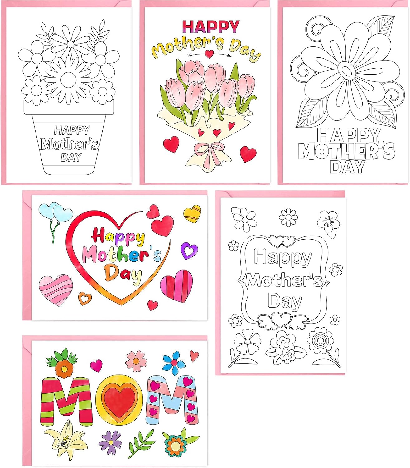 Mother’s Day Card Making Coloring Kit for Kids – 12 Pack DIY Color Your Own Flower Greeting Cards with Envelopes & Stickers, 5 x 7 Classroom Craft Activity Gifts for Mom