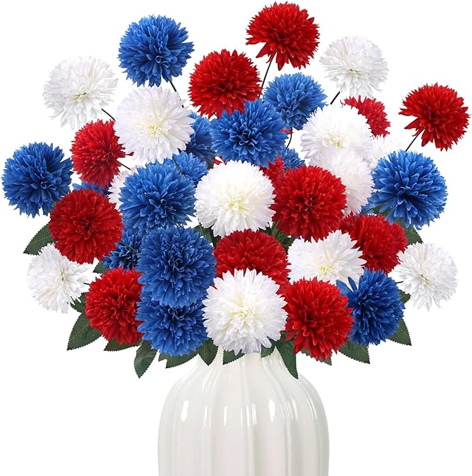 36 PCS Red White and Blue Flowers Artificial Chrysanthemum Patriotic Flowers Fake Mums Memorial Day Flower for 4th of July Decor Patriotic Grave Table Centerpieces Home Decor Indoor Outdoor