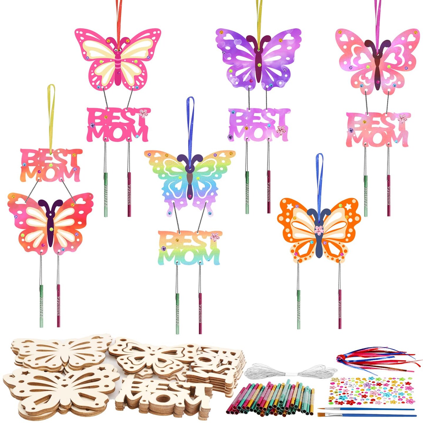12 Pack Butterfly MOM Wind Chime Kit for Kids Make You Own Mother's Day Craft Kit DIY Coloring Wooden Art and Craft for Mom's Birthday Decoration from Son Daughter