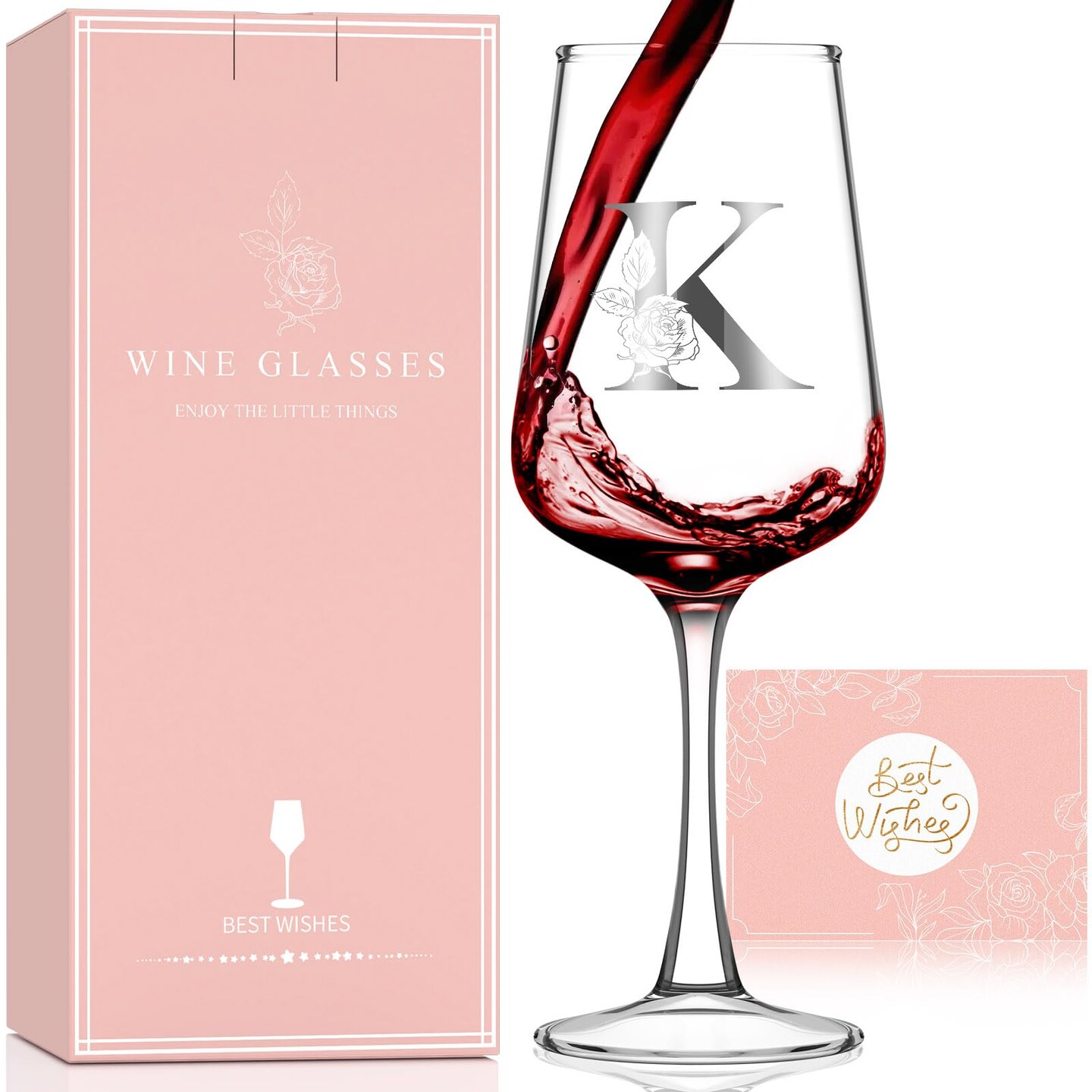 Mothers Day Gifts for Mom Grandma Wife Daughter Her, Personalized Initial Wine Glasses Custom Gift, Birthday Gifts for Women Mom Wife Best Friend Sister (K)
