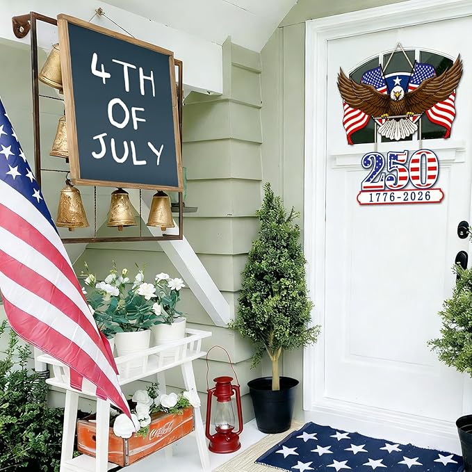 250th Anniversary America Wooden Door Sign - 1776-2026 Commemorative Eagle Hanging Decor - 12" Rustic Red, White, and Blue Patriotic Wall Art for 4th of July and Memorial Day